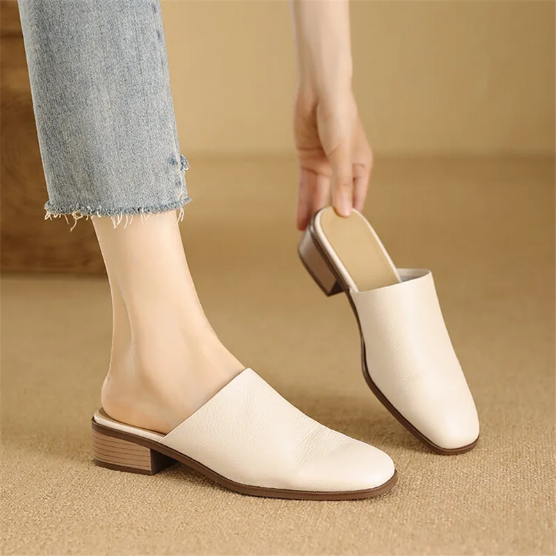 New Genuine Leather Summer Slippers Cover Toe Slippers for Women Fashion Mules Shoes Apricot Ladies Shoes Low Heel Zapatos Mujer