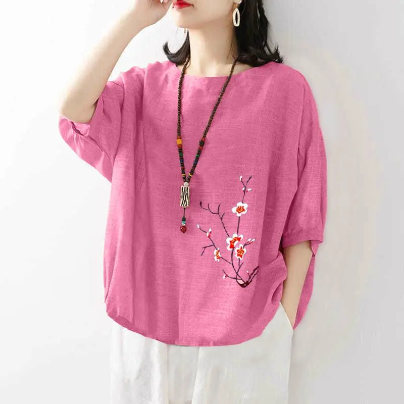 Women Summer Simplicity Loose Elegant Printing Cotton and Linen O-neck Short Sleeve T-Shirt Women Clothes Casual All-match Tops