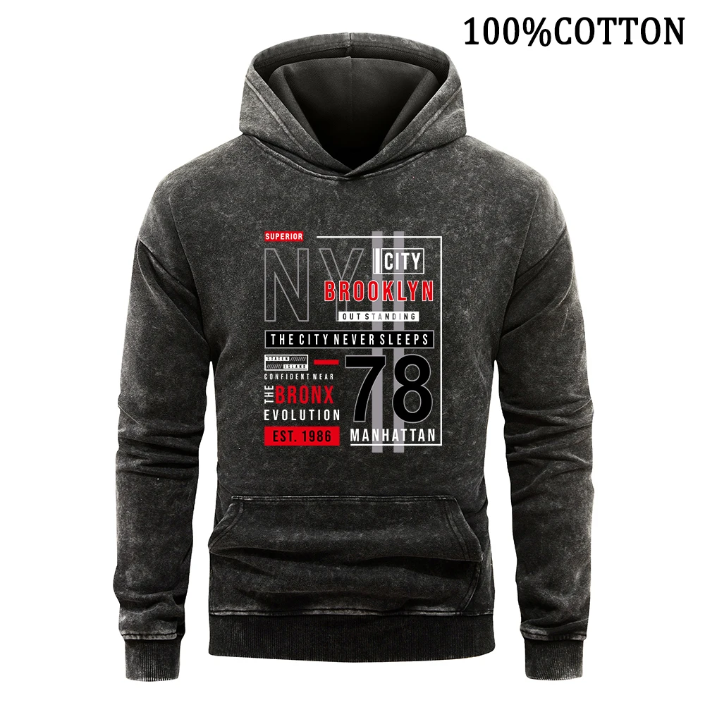 

Manhattan 1986 Brooklyn Letter Men's Hoodies Retro Washed Hoodie 100% Cotton Hoody Flexible Comfort Pullover Streetwear Clothing