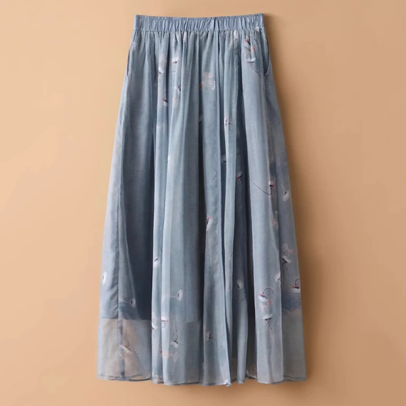 Summer Holiday Fairy A-line Skirts Chinese Style Ink Painting Lotus Root Horse Face Skirt Elastic Waist Pleats Women Long Skirt