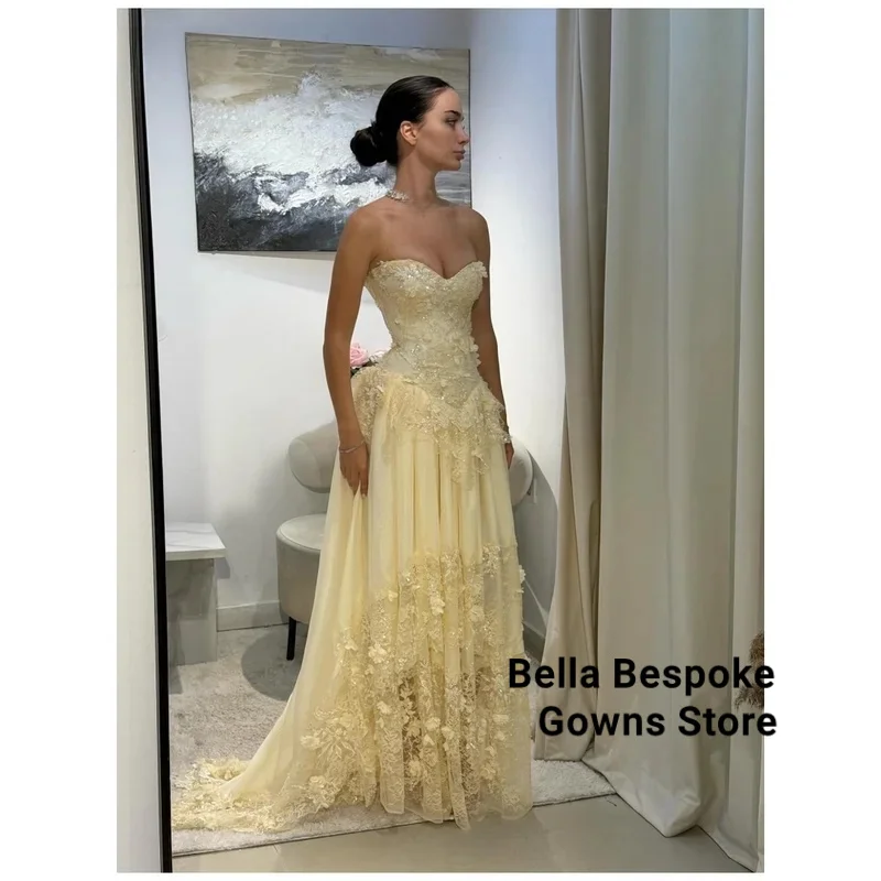 

Customized Yellow Sequins Flowers Embroidery Prom Dress Strapless Backless vestidos de noche Floor-Length Formal Evening