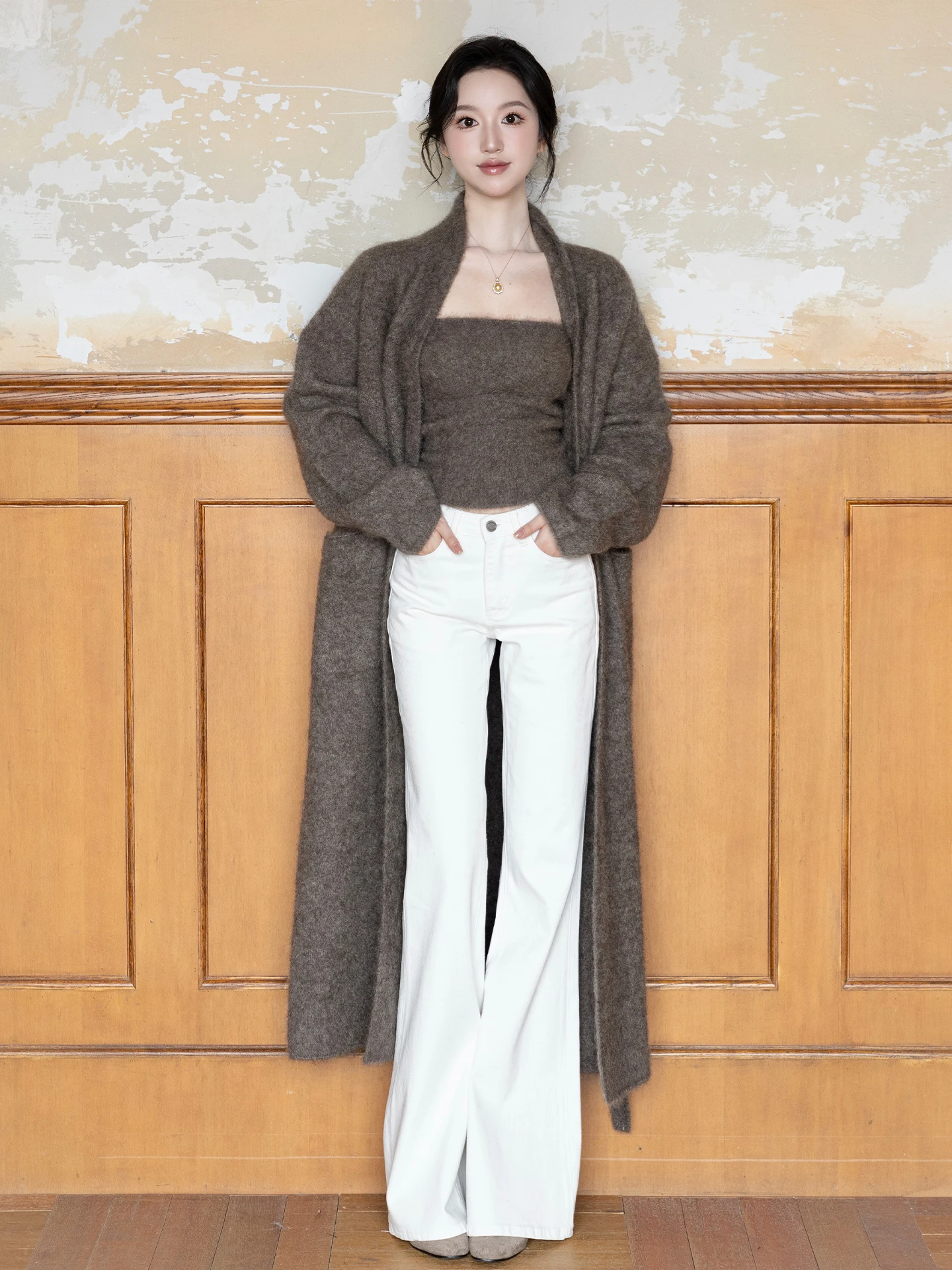 

Комплект: кардиган и жакет темно-коричневого цвета с завышенной талией, в стиле SerioLudere Lazy Egg, для повседневной носки, модный осенний комплект для женщин