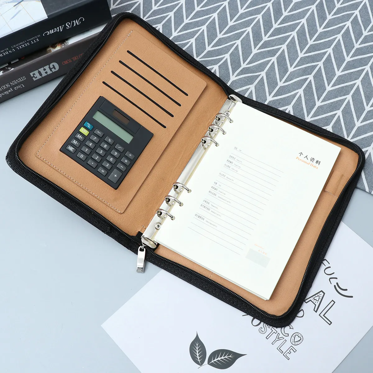 

PU A5 Zipper Notebook Loose Leaf Business Notepad Black Calculator Card Holder 6 Ring Binder File Pocket Pen