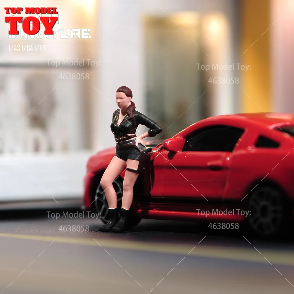 Painted Miniatures 1/64 1/43 1/87 Black Shorts Cool Motorcycle Girl Female Scene Figure Dolls Unpainted Model For Cars Vehicles