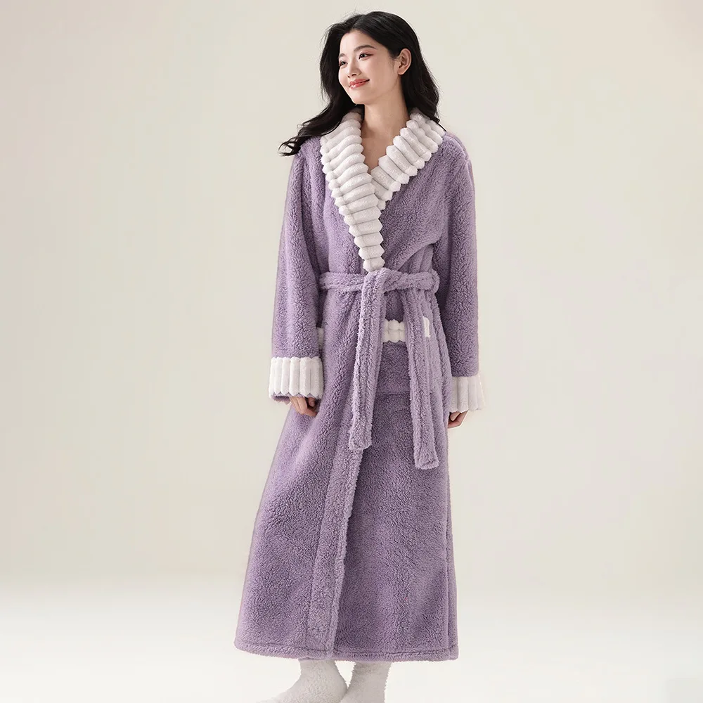 Winter New Flannel Long Robe Women's Sleepwear Kimono Gown Bathrobe Thicken Warm Coral Fleece Nightgown Nightwear Loose Homewear
