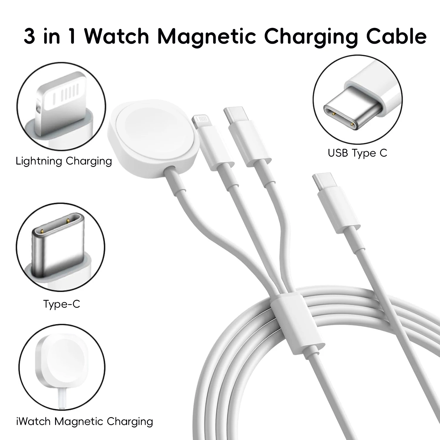 3 in1 Charging Cable for Mobile Phones with Lightning Input USB-C/A Wireless Charger for iPhone12~16 Series for1-10 SE1-2 Ultra