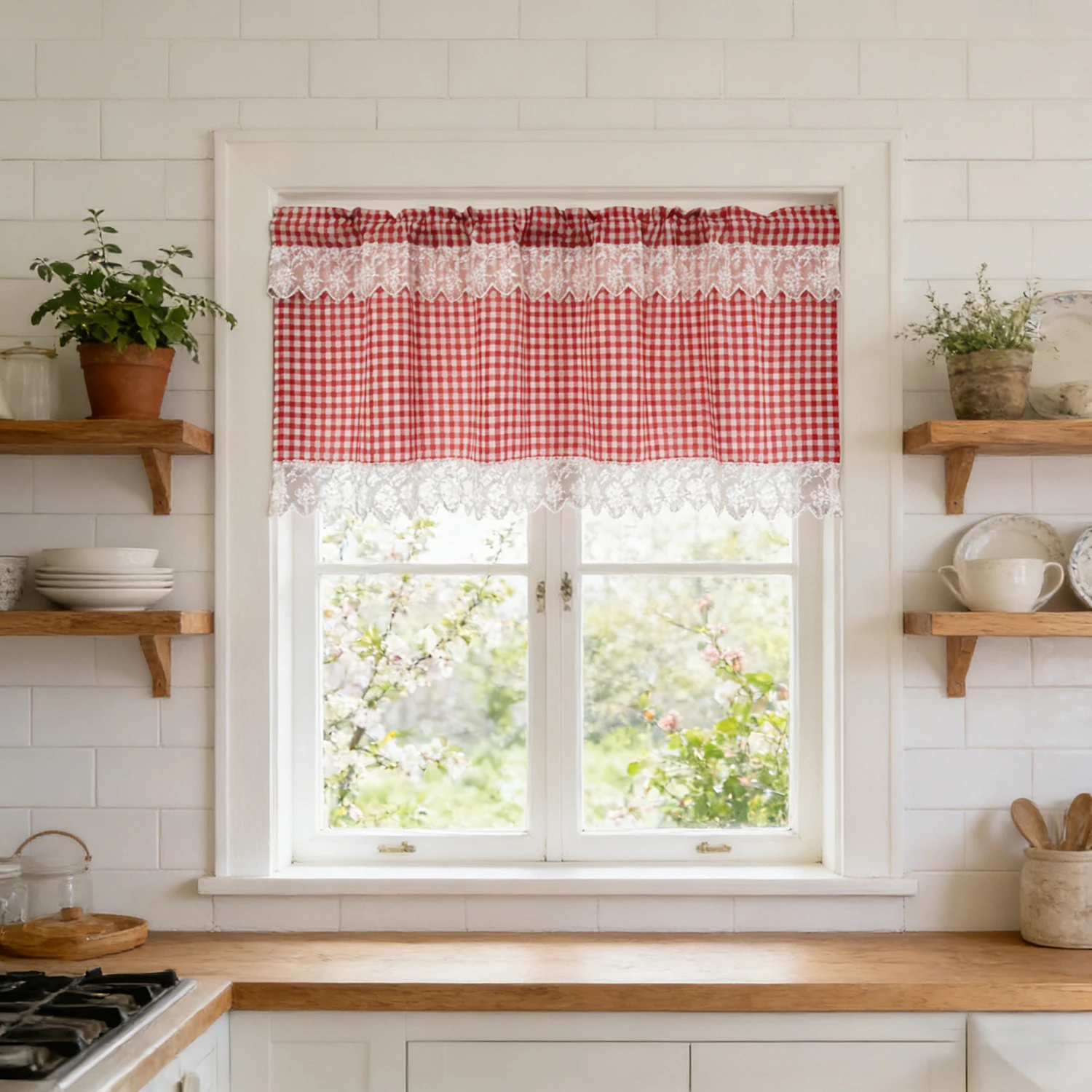 Classic Red Plaid Short Curtain with White Lace Embroidery Trim, American Country Valance Curtain for Kitchen Window Panel