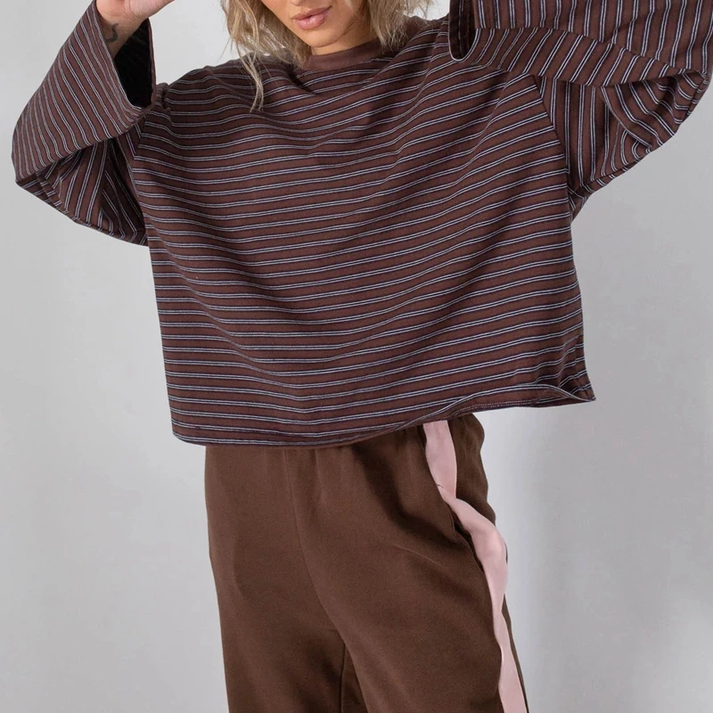 

Combhasaki винтажная полосатая футболка для регби женская повседневная футболка с длинным рукавом с круглым вырезом свободный пуловер Y2k осенняя шикарная уличная рубашка топы