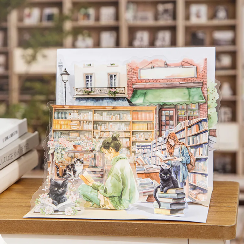 Sticker Pack 15 Sheets/Bag Bookstore Reading Cat Scrapbook Stationery DIY Journal Phone Case Notebook Decoration