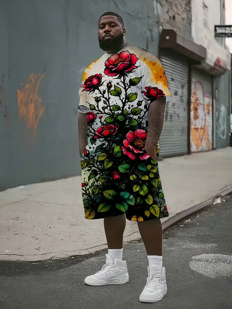 

Mens Plus Size 3D Red Rose Print T-Shirt And Shorts Set Casual Summer Outfit