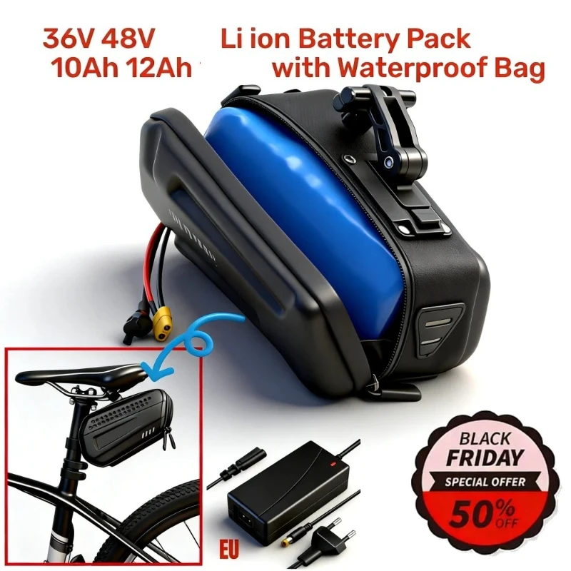 

New 36/48V 10/12Ah Rechargeable Li-ion Battery Pack for Bicycle Scooter Electric Vehicle Replacement Battery with Waterproof Bag