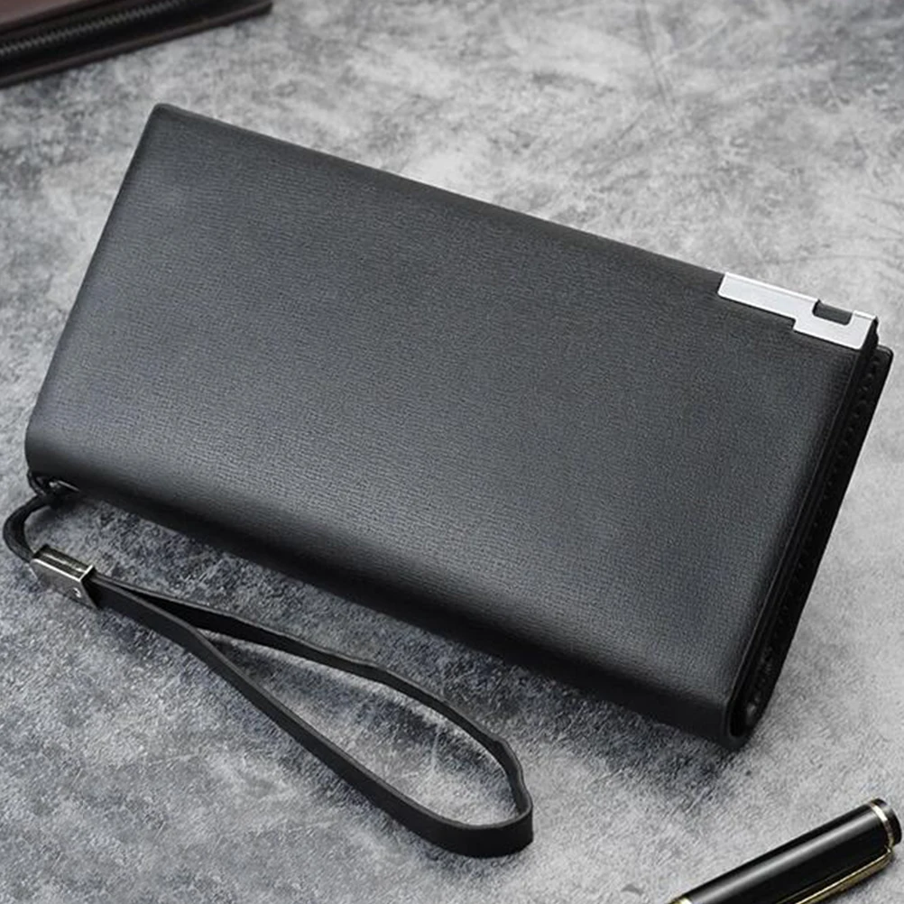 سعة كبيرة للرجال، محفظة طويلة بسحاب من البولي يوريثان الفاخر، متعددة السعة، فتحات للبطاقات، حقيبة تخزين للهاتف باللون الأسود