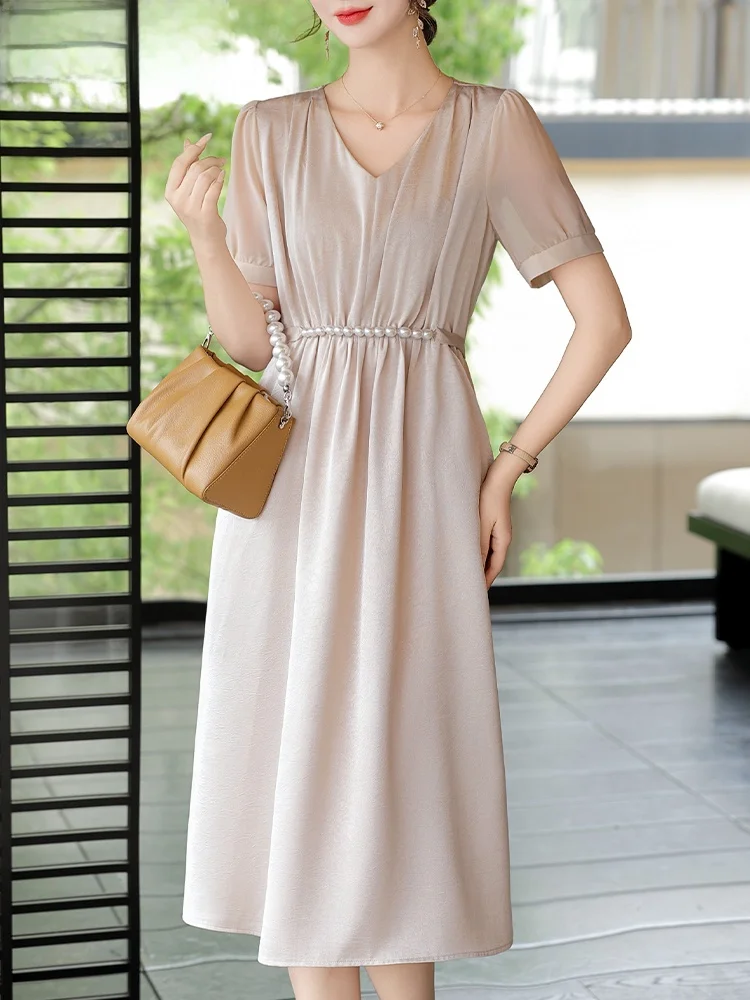 

Модное летнее платье из ледяного шелка для женщин среднего и старшего возраста, свободного кроя, с V-образным вырезом, от бренда Ele Lady