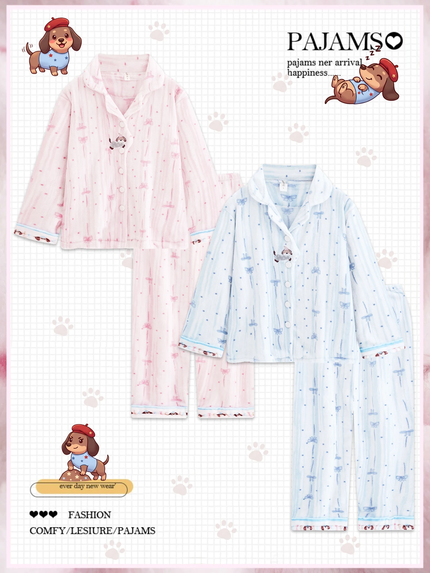 cute-dog-plush-sleepwear-women's-autumn-winter-coral-fleece-thickened-cartoon-outdoor-sweet-home-clothes-soft-long-sleeve-but