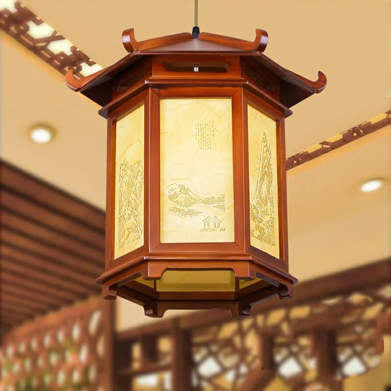 Chinese solid wood chandelier courtyard corridor antique building lantern restaurant catering outdoor decoration wood sheepskin