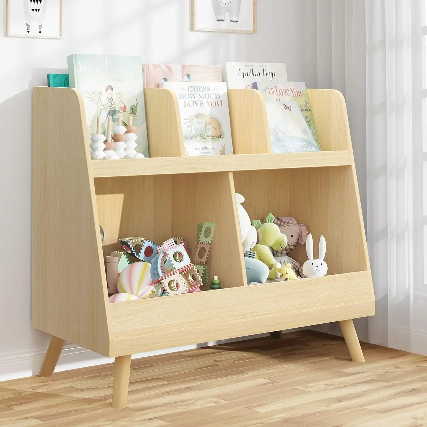 Bookshelf and Toy Organizer, 5 Cubbies Wooden Open Bookcase, 2-Tier Baby Storage Display Organizer with Legs, Free Standing