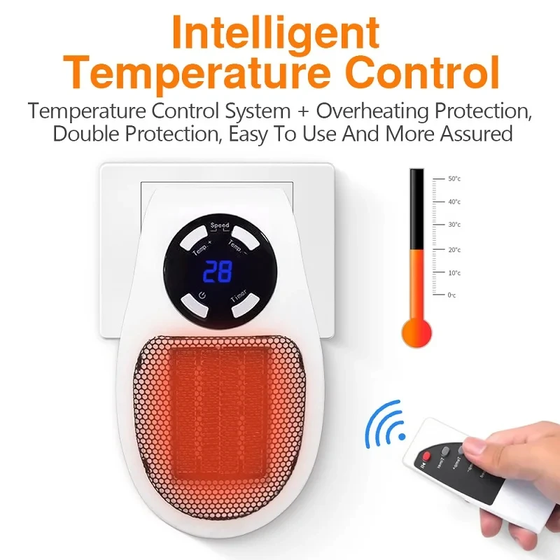 Portátil plug in parede aquecedor elétrico, quarto aquecimento fogão, poderoso ventilador quente, controle remoto, aquecedor para casa, doméstico