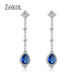 ZAKOL Classic Cut Clear Water Drop Shaped CZ Cubic Zirconia Long Dangle Earrings for Women Wedding Jewelry FSEP2055