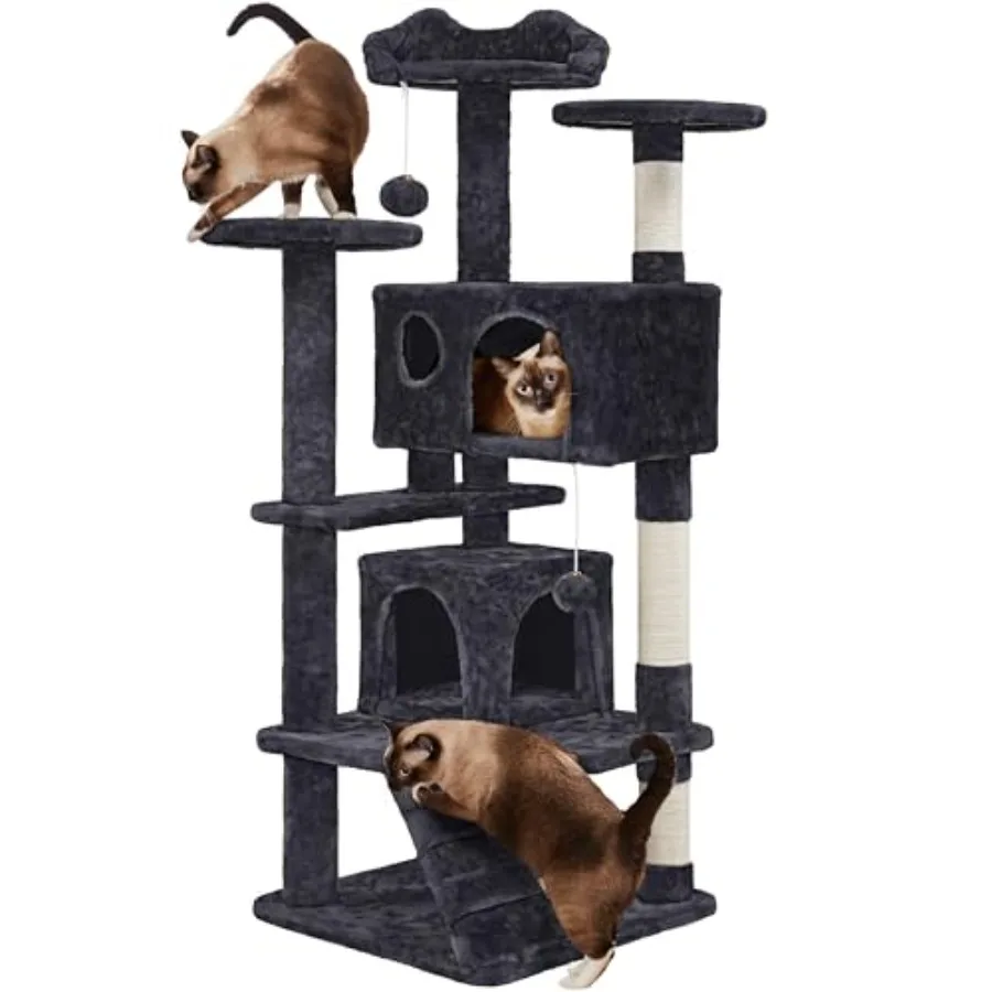 Cat Tree Tower, 2 Caves, Kitten-Ear Perch and Scratching Posts Multi-level layout, climbing ladder, 2 plush balls, easy assembl