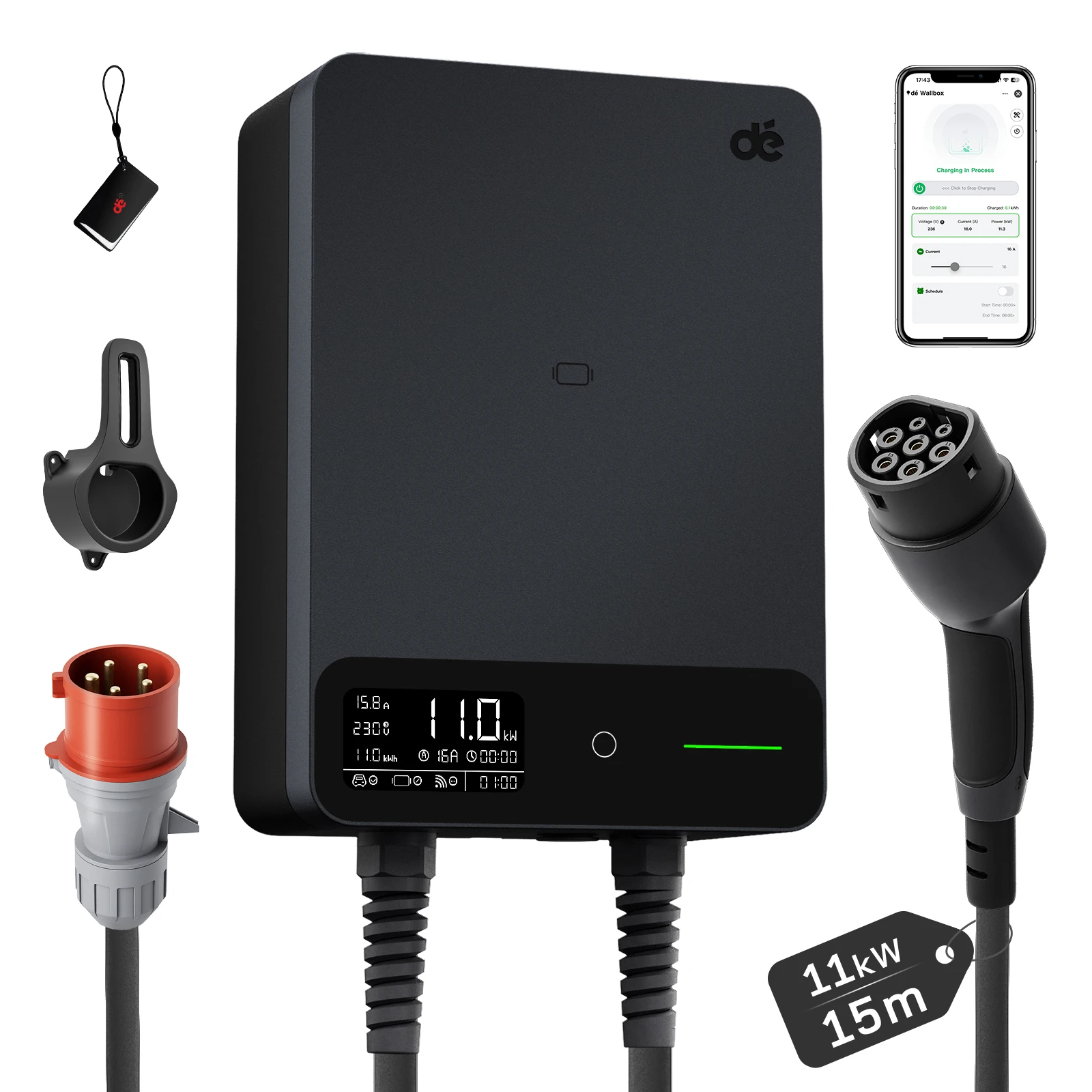 dé Wallbox Type 2 11kW 16A 3-fasen laadstation Tuya Smart APP besturing voor elektrische voertuigen 5m 7,5m 10m 12,5m 15m EV-laadkabel