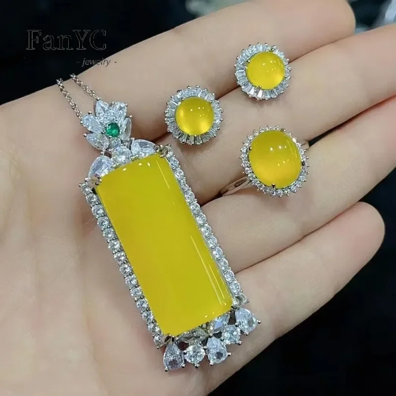 Natural Agate Pendant Earrings Ring Jade Three-piece Silver-plated Inlaid Exquisite Fashion Chalcedony Set Ladies Gift