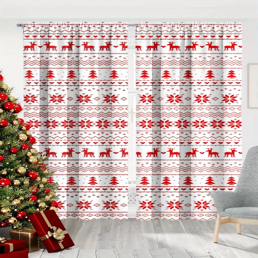 2PCS Christmas Winter Curtains, Knit Fair Isle Reindeer Tree Snowflake Red White, Digital Print, Bedroom Living Room, Home Decor