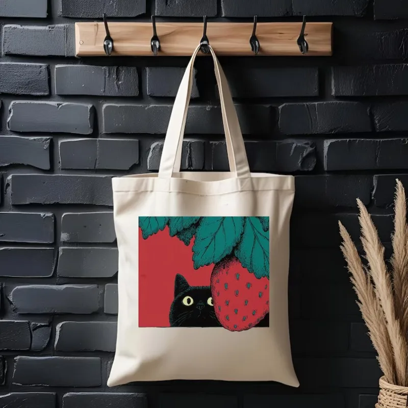 

Cute Black Cat Strawberry Print Tote Bag Funny Illustration Canvas Bag Reusable Eco-Friendly Bag for Shopping Beach Daily Use