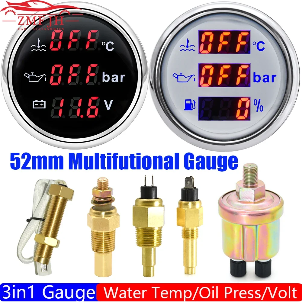 Digital 52MM Gauge 3 In 1 Multifunctional Tachometer/Water Temperature/Oil Pressure/Voltmeter/Fuel Level Gauge 0-190ohm Car Boat