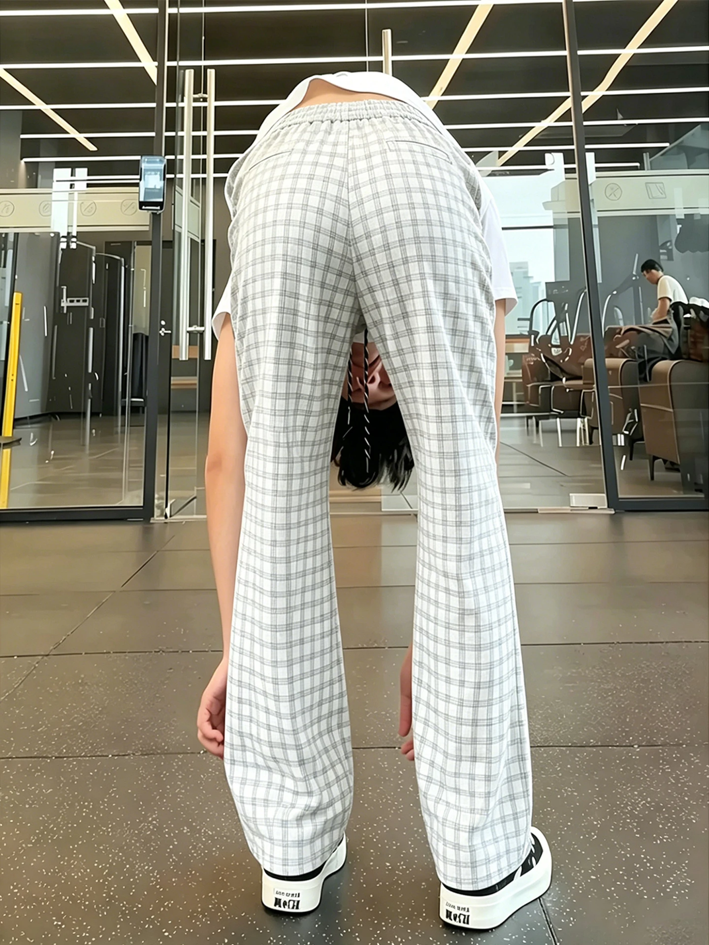 Lightweight Loose Wide Leg Pants Men's Summer Casual Bubble Cloth Plaid Drawstring Straight Leg Trousers Comfortable Breathable