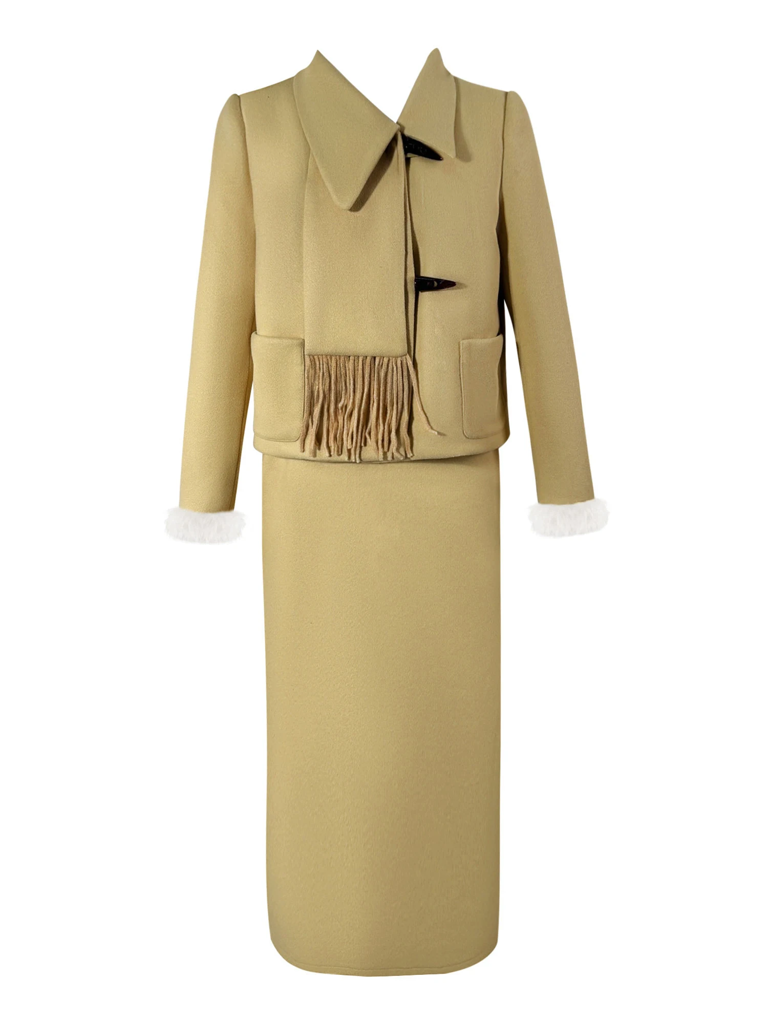 Conjunto de Saia e Casaco de Algodão Acolchoado para o Inverno, Novo, Estilo Francês, Duas Peças QY023A, Conjunto Feminino Longo