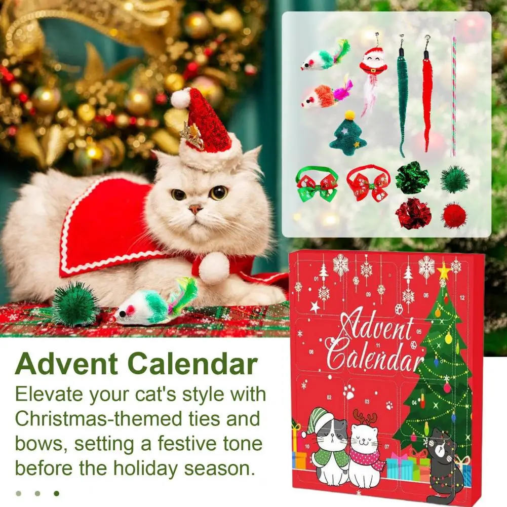 Advent Calendar for Pets Dog Toy Set Christmas Cat Advent Calendar with Teasing Toys Bow Tie Collars Bandana Set for 24 Days