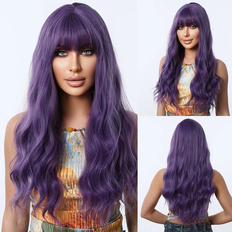 26-inch purple with bangs, corn-curled long curly hair, Halloween cosplay wig