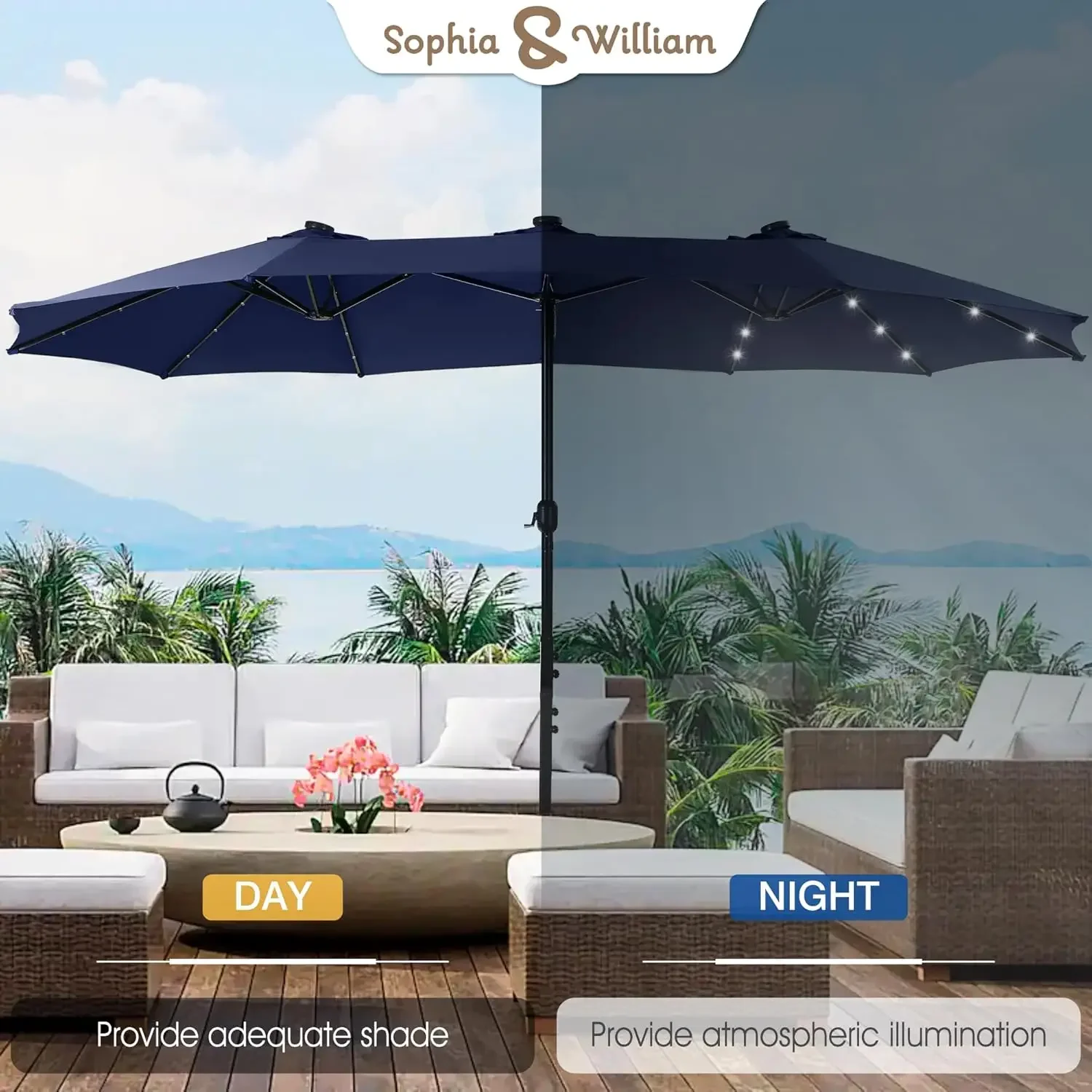 15 ft Extra Large Patio Umbrella with Solar Lights, Rectangular Outdoor Umbrella with Base Included, Market Umbrella Double-side