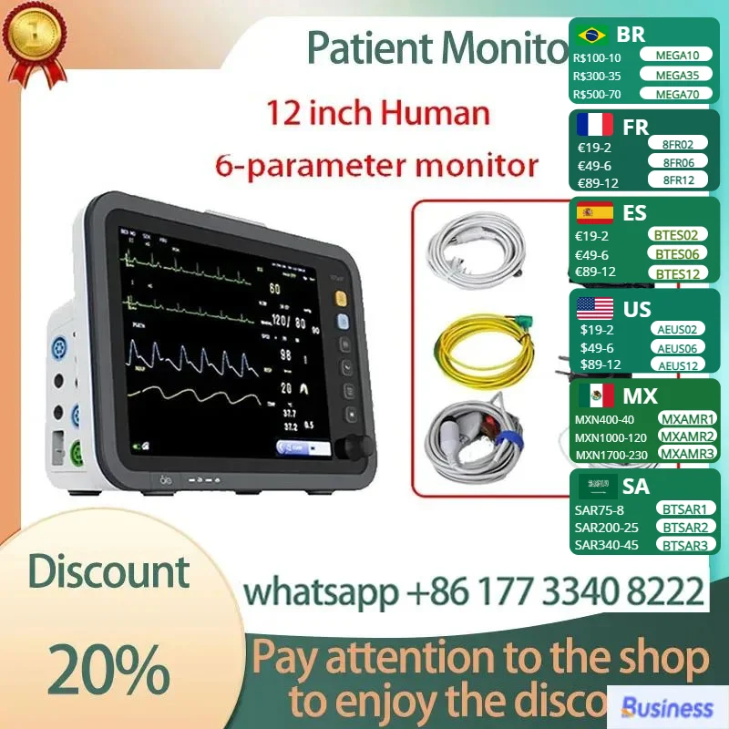 

12 inch thin screen human/VET USE 6-parameter monitor ECG/NIBP/PR/SPO2/RESP/TEMP patient monitor vital signs monitor