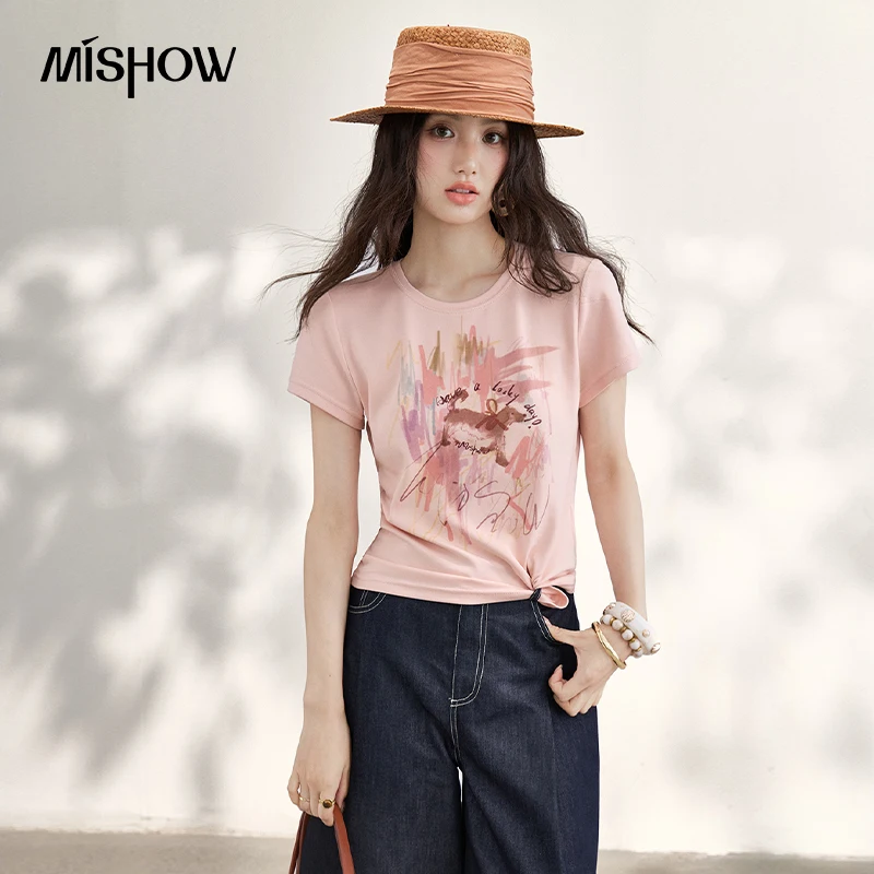 

MISHOW Hand-Painted Puppy Print T-Shirt For Women 2026 Summer Loose Cute Pink Round Neck Casual Short Sleeved Top MXF25T1619