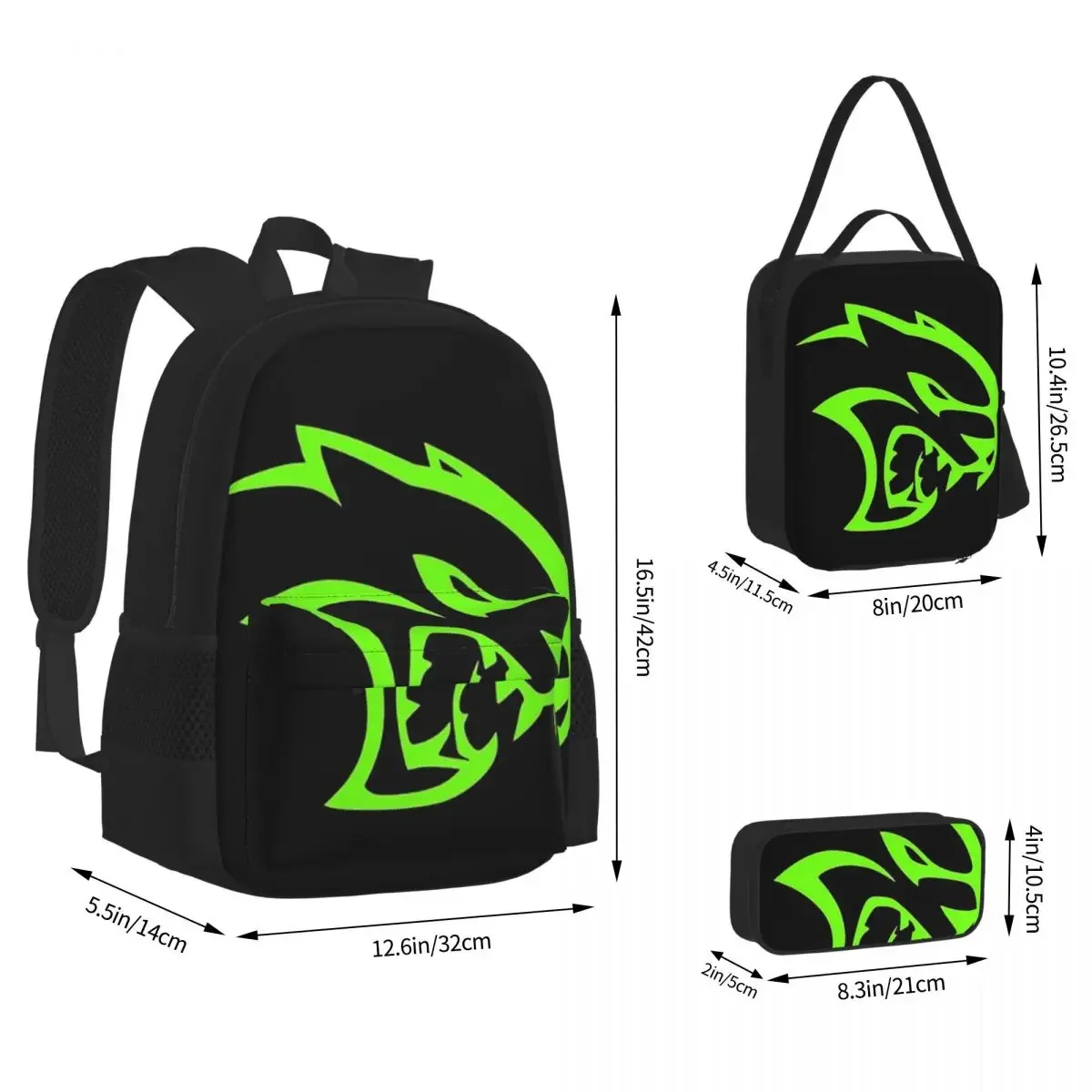 Dodge-mochilas con logotipo de Hellcat Srt para niños y niñas, mochilas escolares de dibujos animados, bolsa de almuerzo, juego de tres piezas