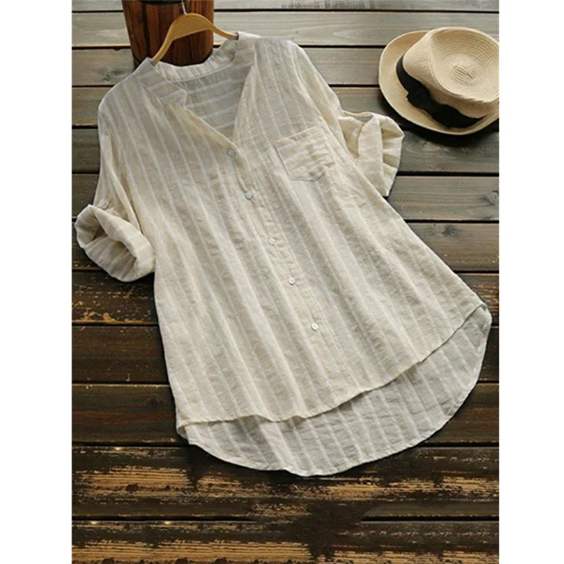 Summer Elegant Shirt Women Cotton Linen Top Long Sleeve Oversize Lady Linen Blouses Striped Classic Shirts 2022 White Blouse 5XL