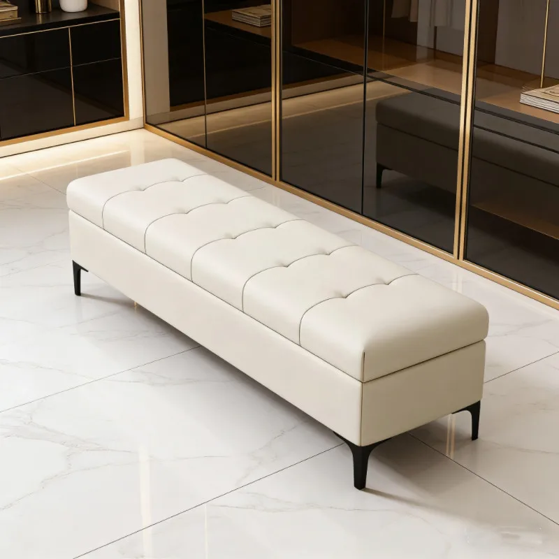 Genuine Leather Ottoman Bench, Modern Storage Seat for Bedroom, Upholstered End of Bed Stool, Retail Store Changing Bench