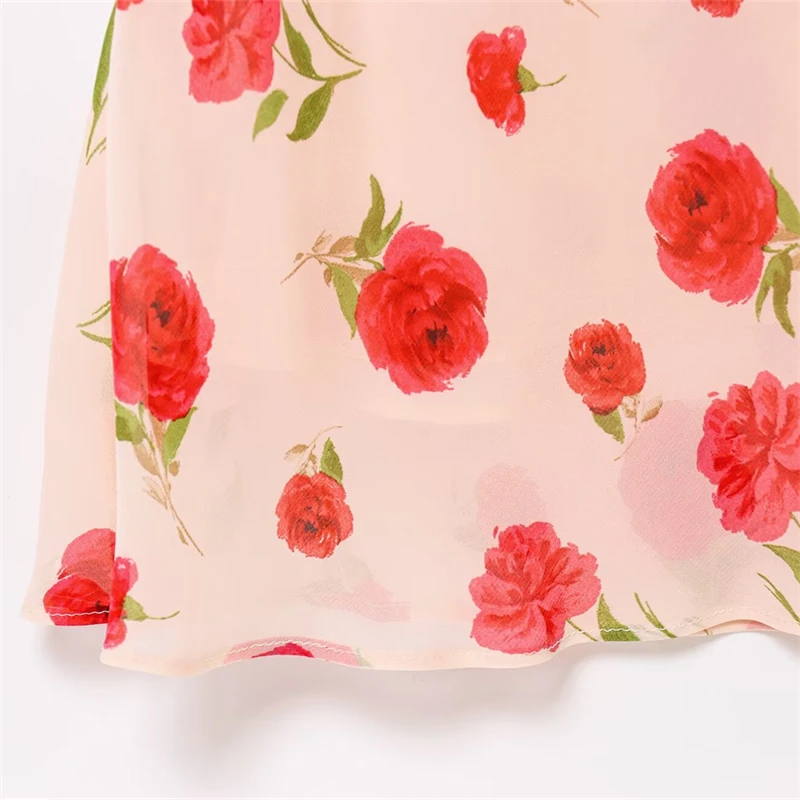 Keyanketian 2025 verão novo feminino romântico rosa impresso midi vestido estilo francês em camadas gola inclinada sem mangas rendas até vestidos