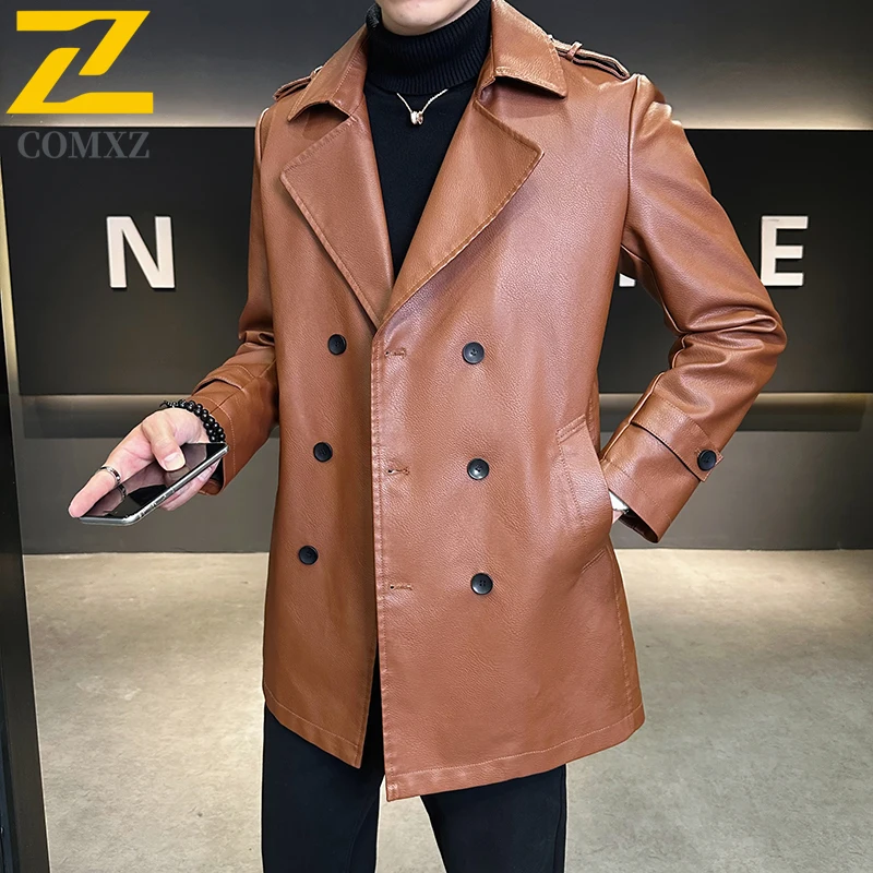 COMXZ جديد رجل سترة جلدية جديد الحد الأدنى العصرية السفر الجلود خندق معطف منتصف طول الأعمال ملابس خارجية قسط غير رسمية #3