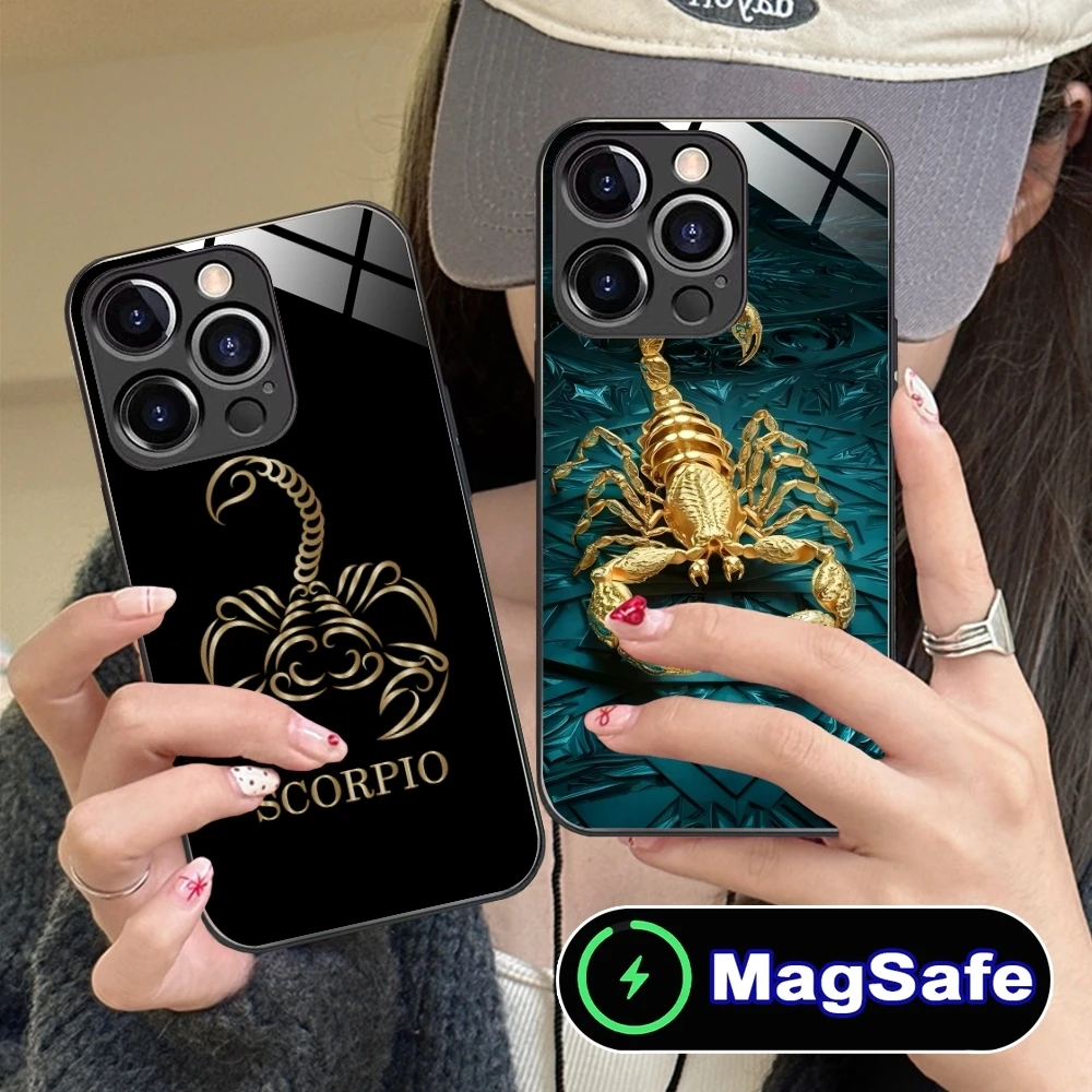 Golden Scorpio Mobile Cell Phone Case for iPhone 16 15 14 13 12 11 Pro Max Plus Mini MagSafe Wireless Charging Glass Cover