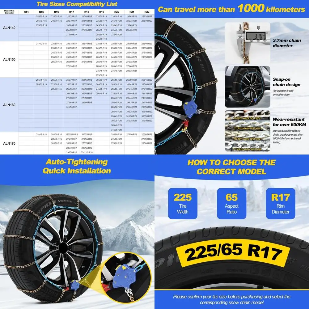 

Auto Tightening Snow Chains for Cars, SUVs & Pickup Trucks – 1-Min Quick-Fit Auto Installation, Reusable Universal Emergency Tra