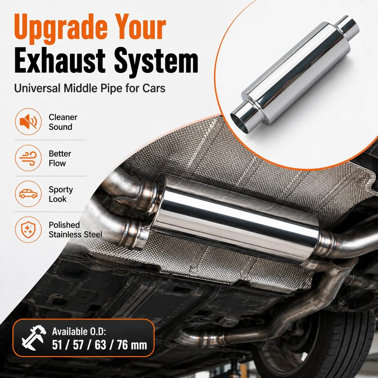 

Universal Stainless Steel Exhaust Muffler Pipe Silver Car Middle Pipe OD 51mm 57mm 63mm 76mm
