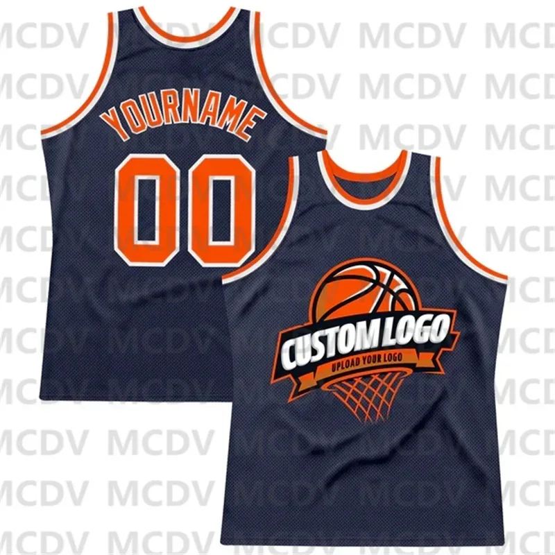 Custom Navy Orange-White Authentic Throwback Basketball Jersey Print Team Name Number Vest Game Practice Clothes Adult/Youth