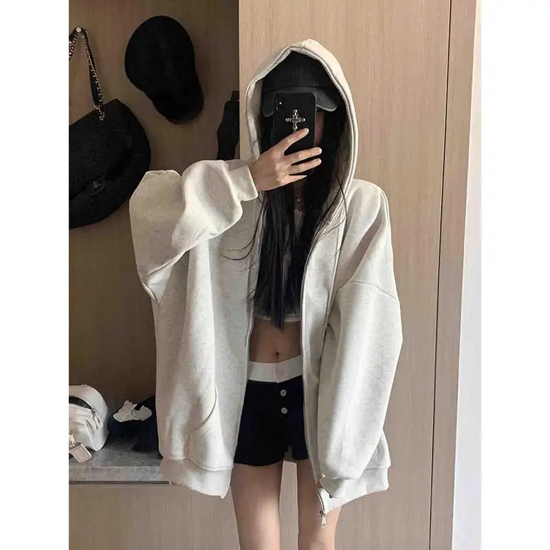 

Серый кардиган на молнии с капюшоном, тонкая верхняя одежда для мужчин и женщин, весна-осень, повседневный расслабленный стиль, смесь хлопка и полиэстера