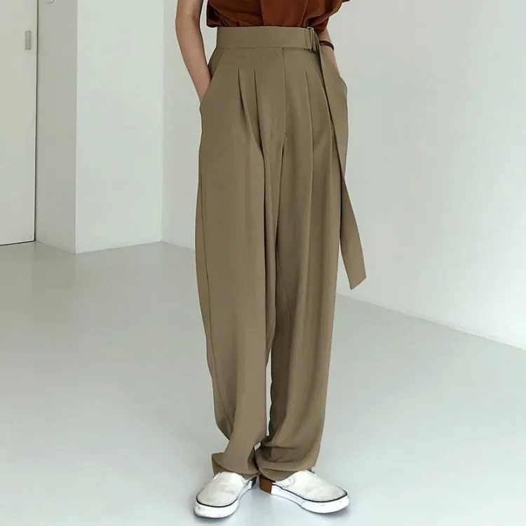 Pantalones de pierna ancha de cintura alta para mujer, pantalones largos sólidos sueltos con fajas, traje que combina con todo, ropa de calle informal, Otoño e Invierno