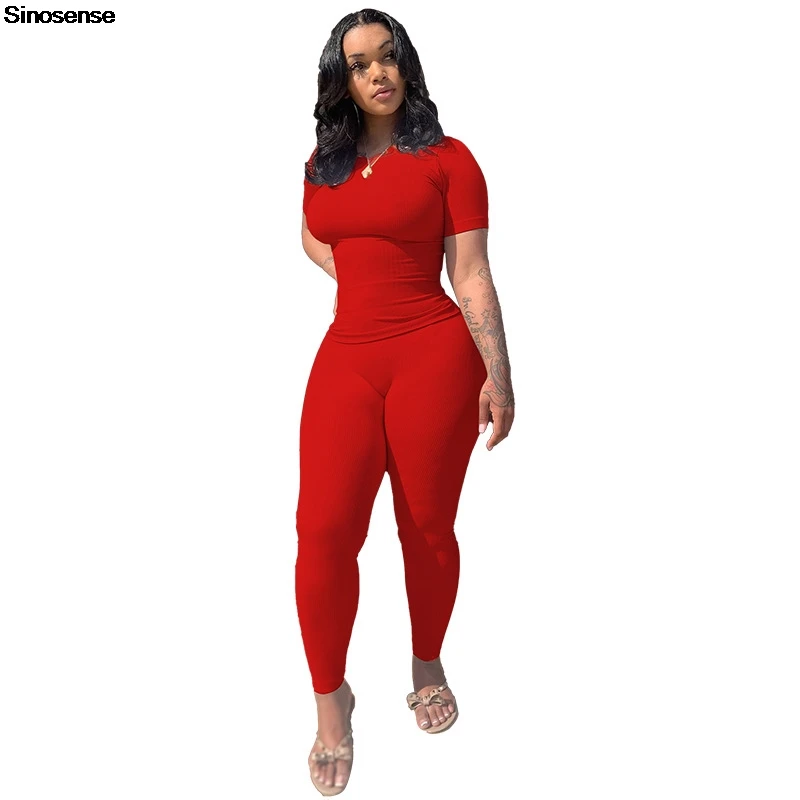 Sexy Knitted Ribbed 2 Two Piece Set Tracksuit Women Short Sleeve T Shirt+Leggings Matching Suits Workout Sports Stretchy Outfits