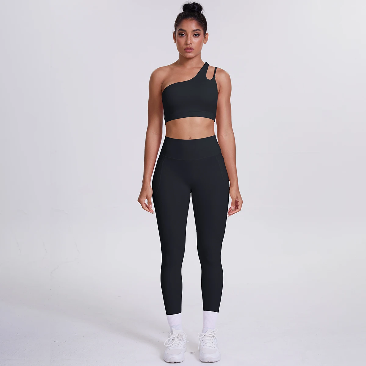 2-teiliges einfarbiges Sport-Yoga-Set für Damen, sexy, schräger Schulter-BH, Fitness-Top, Laufen, Radfahren, Taschen, Hosen, Fitnessstudio, Yoga-Set – Detail 11