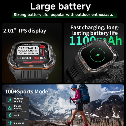 Imagen 2 del producto 2025 1100mAh batería de súper capacidad hombres adultos reloj inteligente pantalla grande de 2,0 pulgadas llamada Bluetooth IP68 impermeable SmartWatch deportes