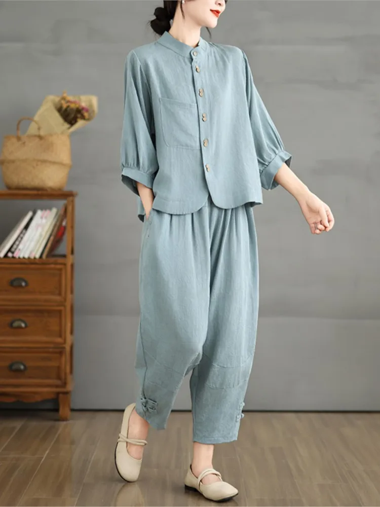 Oversized Summer 2 Two Piece Set Women Lantern Sleeve Fashion Ladies Cropped Shirts Loose Pleated Elastic Waist Woman Harem Pant